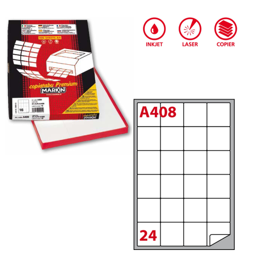 Etichette adesive A/408 - in carta - permanenti - 47,5 x 46,5 mm - 24 et/fg - 100 fogli - bianco - angoli tondi - Markin